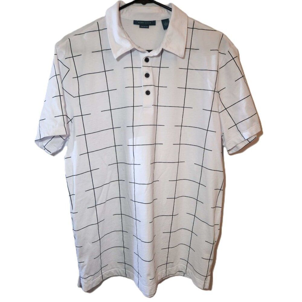 Perry Ellis polo Men's large White black squares Pima cotton Preppy short sleeve